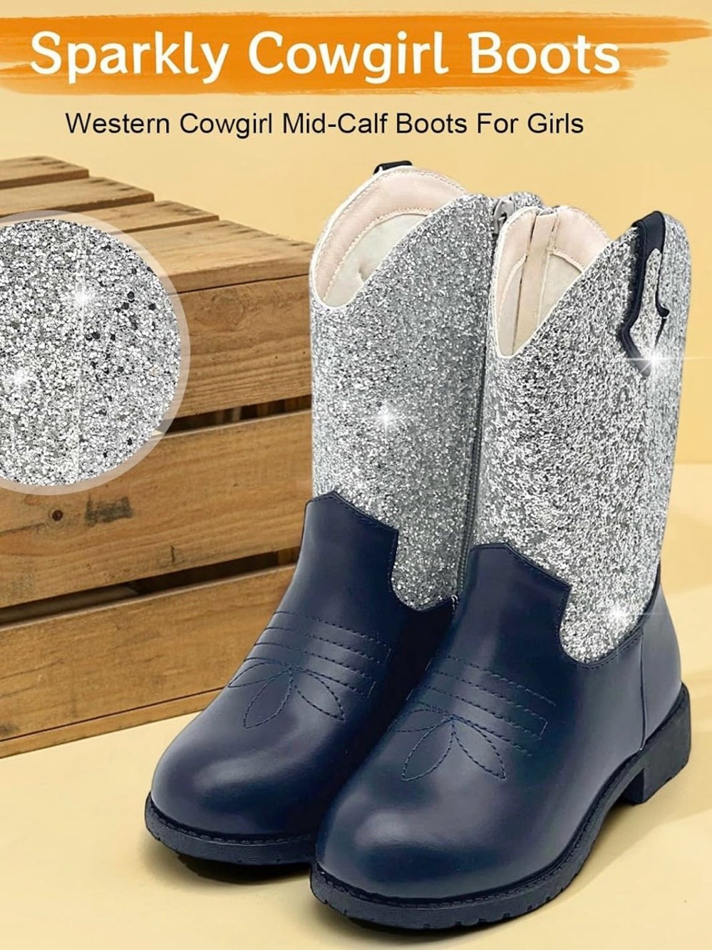 Sparkle Glitter Cowboy Boots | Silver and Navy | Kids Size 1 | NWT